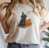 Camiseta para Mujer Trick or Treat Gato Negro Lindo y Calabaza