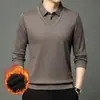 Camisa Polo Cálida de Moda Casual para Hombre, Estilo Dos Piezas Falsas, para Otoño e Invierno, Camiseta de Manga Larga con Forro de Felpa y Cuello Turn-Down