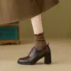 En Stock~ Zapatos de Cuero de Tacón Alto Estilo Retro con Punta Redonda, Adecuados para el Trabajo, Tacón Grueso, Mocasines con Cordones para Mujeres Pequeñas
