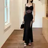 Vestido de noche largo rojo con tirantes, nuevo modelo de verano, empalme de malla, abertura lateral, vestido elegante para ser anfitriona de un banquete