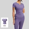 Top esportivo feminino de manga curta, gola V, alta elasticidade, corte justo, para fitness e corrida, camiseta modeladora e de secagem rápida