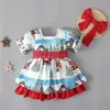 Vestido de verano para niñas, Navidad, manga abullonada, manga corta, estampado, con volantes, falda de muñeca, ropa para niños, ins