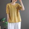 Camiseta de Algodón con Bordado Floral Artístico Retro, Cuello Redondo, Manga Corta para Mujer, Nuevo Estilo de Verano, Top Versátil Holgado Talla Plus para Mujer