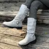 Nuevas botas de otoño para mujer hasta la pantorrilla con hebilla de cinturón y ribete de lana, estilo europeo y americano, talla grande, hebilla, gamuza, botas de montar finas