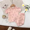Comercio exterior ropa infantil primavera y otoño conjunto para niñas: Conjunto de dos piezas: camiseta de manga corta de color liso con estampado de conejo de dibujos animados + pantalones largos
