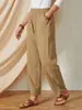2026 Desejo Aliexpress Primavera e Verão Novo Cor Sólida Bolso Cintura Elástica Algodão Linho Solto Casual Perna Larga Calça Longa para Mulheres
