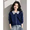 Suéter de tricô com gola virada color block para mulheres, novo estilo outono e inverno 2026, blusa top de tricô fina extremamente bonita