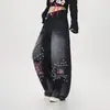 Jeans de Mujer Transfronterizos Calle Alta Americana Pantalones Casuales de Pierna Ancha con Caída Parcheados de Trabajo Pesado Lavado Retro