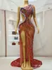 Vestido de Lujo y Colorido para Celebración de Fiesta de Cumpleaños, Vestido de un Hombro con Pedrería Completa y Abertura Frontal para Mujer