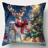 Funda de Almohada Estampada de Reno y Muñeco de Nieve Navideño Set Azul de Cuatro Piezas Funda de Cojín de Atmósfera para Sofá de Sala de Estar Navideña Respaldo