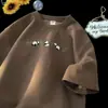 Camiseta de Manga Corta con Estampado de Panda Rojo tipo Waffle para Hombre, Nueva Tendencia de Verano Juvenil, Casual Holgada de Media Manga