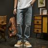 Joelho rasgado jeans homens reta solta moda retro tartaruga bonito verão estilo americano high street casual calças longas