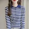 Camisa base de punto de algodón puro a rayas para primavera y otoño, cuello POLO, corte holgado, casual, manga larga, elegante, para mujer