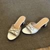 Sandalias Tejidas de Tacón Alto con Lazo Retro para Mujer, de Una Tira, Puntera Descubierta, Tacón Grueso, Zapatillas de Estilo Francés para Exterior