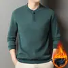 Moletom Espesso com Gola Alta de Um Botão e Forro de Lã para Homens, Moda Casual Versátil para Outono e Inverno, Camisa Base Top Quente para Homens