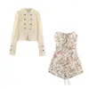 Roupas femininas europeias e americanas transfronteiriças, jaqueta com fivela de nó de renda e conjunto de vestido estampado, best-seller da AliExpress