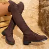 Botas femininas europeias e americanas transfronteiriças plus size, cor sólida, bico redondo, salto quadrado, salto grosso, over-the-knee, com cadarço, camurça, em estoque, atacado, comércio transfronteiriço cn