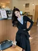 Vestido Longo Elegante Estilo Coreano para o Trabalho com Gola Lapela Patchwork Falso Duas Peças Bordado Toque de Luxo Leve Alta Qualidade Cintura Marcada Corte em A para Mulheres