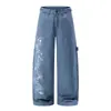 Pantalones de leñador patchwork desgastados estilo retro americano para hombre, estilo callejero con estampado de símbolo musical, pantalones largos rectos holgados de pierna ancha