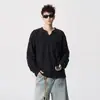 Camiseta masculina de manga longa, rasgada, vintage e com corte relaxado, novo estilo outono/inverno, casual e versátil, moda retrô high-street, gola careca