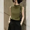 Hermosamente Diseñada 2026 Nueva Camiseta de Verano para Mujer Color Verde Oliva Tejida de Cuello Medio Alto sin Mangas Top Holgado Adelgazante