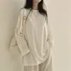 Camiseta Simple de Color Sólido de Manga Larga Estilo Coreano Perezoso para Mujer en Primavera y Otoño, Tacto de Alta Gama, Ajuste Holgado, Top Básico de Algodón Puro