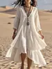Vestido de Algodão e Linho de Cor Sólida com Mangas Longas e Decote em V para Mulheres Europeias e Americanas 2025 Amazon AliExpress