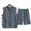 Chaleco de Lino y Algodón Fino de Verano para Hombre Estilo Chino Cárdigan de Cuello en V Shorts Traje Casual de Dos Piezas para Hombre