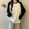 Camiseta de Manga Larga Adelgazante Estilo Americano Tallas Grandes Diseño Patchwork Sudadera Color Block Hombro Caído Otoño Invierno Talla Grande Camiseta Base