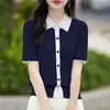 Cardigan de Meia Manga em Mistura de Algodão Lyocell, Novo Estilo de Verão para Mulheres, Gola Peter Pan, Peça de Roupa Externa Redutora de Idade e Estilosa com Design em Cor Contrastante