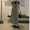 Chaleco Largo sin Mangas de Cuadros Blanco y Negro Estilo Casual Perezoso Transpirable Tela de Lino Vestido Holgado con Bolsillo