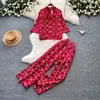 Conjunto de dos piezas de moda con bordado pesado para mujer, top de manga corta estilo commuter de verano y pantalones de pierna ancha de cintura alta, atuendo elegante y versátil