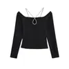 Camiseta Sexy de Hombros Descubiertos con Corte y Cuello Halter de Manga Larga, Nuevo Estilo de Primavera Ajustada Corta para Chicas Atrevidas