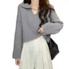 Suéter Curto com Gola Peter Pan Petite, Design Solto Vazado Fresco Juvenil, Malha Interna, Novo Estilo Outono e Inverno
