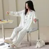 Algodón Puro Conjunto de Pijama para Mujer Manga Larga Cárdigan Rayado Dibujos Animados Ropa de Casa Nuevo Estilo Primavera y Otoño con Cuello Solapa y Pantalones Largos para Otoño