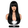 Peruca atmosférica estilo europeu e americano transfronteiriço, com cor degradê, para mulheres, aplique completo com franja, cabelo preto longo e liso, peruca ligeiramente ondulada, cabeça inteira