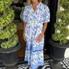 Sitio Web Independiente de Comercio Exterior Transfronterizo Vestido Camisa con Estampado de Porcelana Azul y Blanca para Mujer con Mangas Abullonadas y Diseño de Longitud Media que Ceñe la Cintura