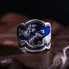 Anillo Abierto de Flor de Peonía Azul Quemado Estilo Étnico para Mujeres Anillo Retro Estilo Antiguo Índice Personalizado Literario