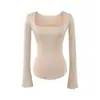 Camiseta Cuadrada Elegante y Madura de Manga Larga para Mujer, Nueva Colección Primavera/Verano, Top que Ceñe la Cintura, Corte Ajustado, Favorecedor, Camisa Base de Manga Acampanada