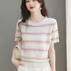 Top de punto de manga corta con cuello redondo a rayas, estilo occidental, holgado, ahuecado y fino, de moda, para primavera, recién llegado