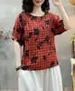 Camiseta Artística de Algodão e Linho Feminina Cor Top Solta Casual Retro para o Trabalho Verão Manga Curta Estampada Moderna Camiseta