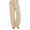 Amazon 2023 Nuevos Pantalones Casuales para Mujer de Talla Grande Europeos y Americanos Color Sólido Algodón Lino Holgados Cintura Alta Pantalones de Pierna Ancha con Cordones