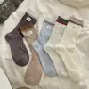 Calcetines de Algodón de Media Pantorrilla con Bloques de Color, Encaje, Parches de Letras, Estilo Europeo y Coreano, de Moda para Primavera-Verano, Calcetines Caídos Estilo Popular de Influencer