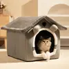 Casa de Gato de Pelúcia Grossa de Inverno, Ninho Quente para Animais de Estimação Interno com Orelhas de Urso 3D, Adequada para Gatos e Cachorros, Removível e Lavável