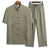 Traje Tang Masculino para Meia-Idade e Idosos Verão Novo Camisa de Manga Curta Calça Longa Fina Conjunto de Duas Peças Conjunto de Traje Tai Chi Estilo Chinês Masculino