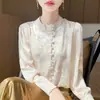En Stock Camisa Elegante de Satén Nueva para Mujer Primavera/Verano con Cuello Alto, Top Holgado Versátil de Manga Corta para el Trabajo, Camisa Cardigan