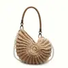 Bolsa de Lona Tecida em Poliéster-Algodão Artesanal da Moda em Forma de Lua Crescente para Mulheres com Alça de Pérolas Destacável, Bolsa de Mão Branca Retro Francesa