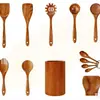 Espátula Pequeña de Madera de Acacia, Espátula de Madera para Sartén Antiadherente, Cuchara Sopera de Madera con Mango Largo, Cuchara Pequeña de Madera para Arroz, Juego de Espumadera para Fideos de Madera de Teca