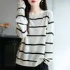 Nuevo suéter de punto fino de lana para mujer, de otoño e invierno, de estilo transfronterizo, holgado, con cuello redondo y rayas de colores contrastantes para uso casual