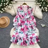 Vestido Floral Estilo Romântico Francês com Manga Bufante para Mulheres 2026 Outono Decote V Cintura Marcada Emagrecedor Elegante Chiffon Saia Evasê